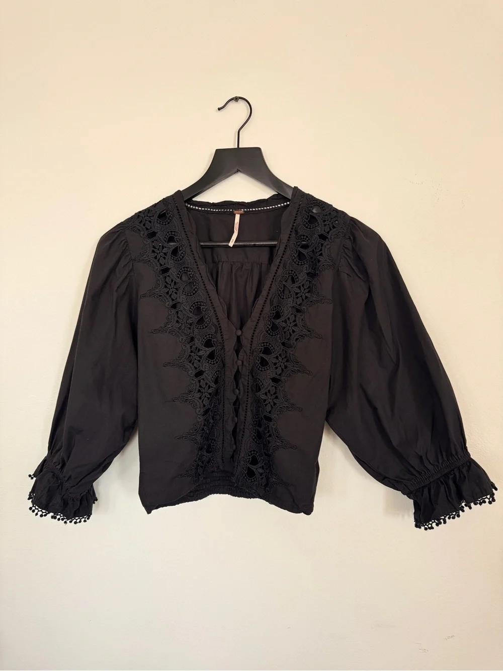 Free People Louella Black 3/4 Sleeve Top